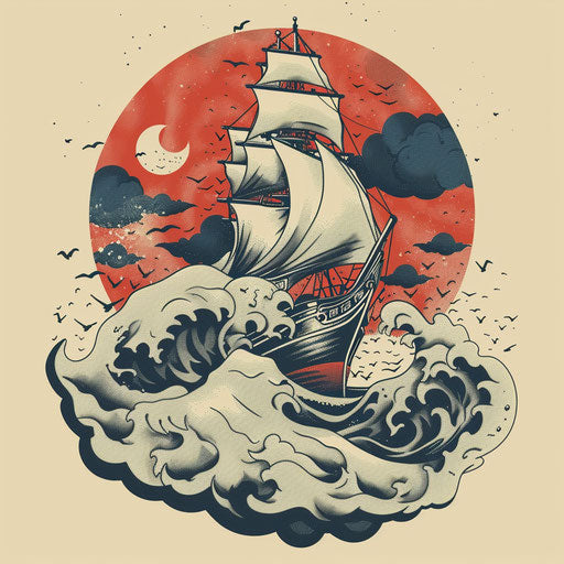 Ship in stormy waters, in the style of Sailor Jerry