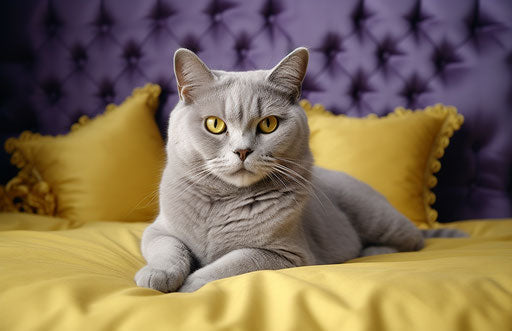 Grey cat and white pillow on a white bed, dark yellow and dark purple style, strong facial expression, rounded, smooth and polished, masculine, princesscore 17:11