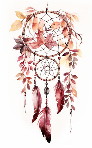 Watercolor dream catcher, twisted branches, cartoon motifs, wild nature