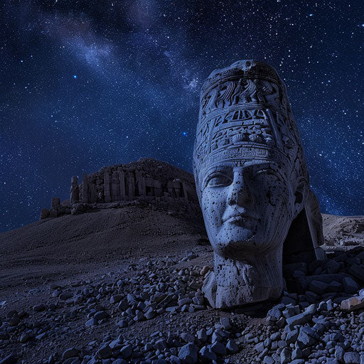 Mount Nemrut under a starry night sky, in the style of Leszek Bujnowski