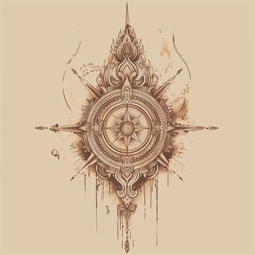 Flat tattoo sketch in clipart style for a Sak Yant featuring ornate compass and map in sepia tones