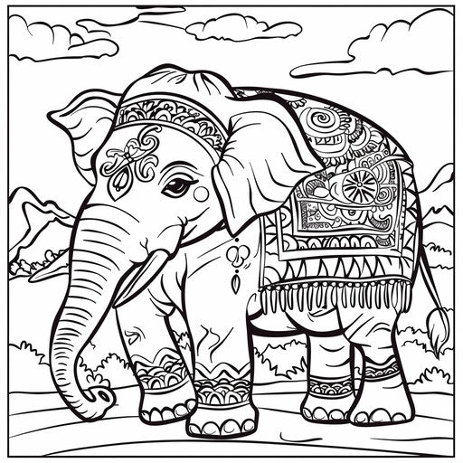 A happy elephant with a colorful blanket on its back. Coloring book page