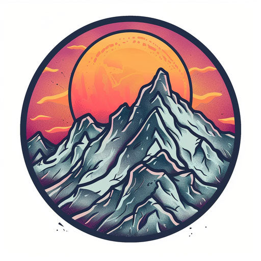 Flat tattoo sketch of a mountain range with a pride-colored sunrise