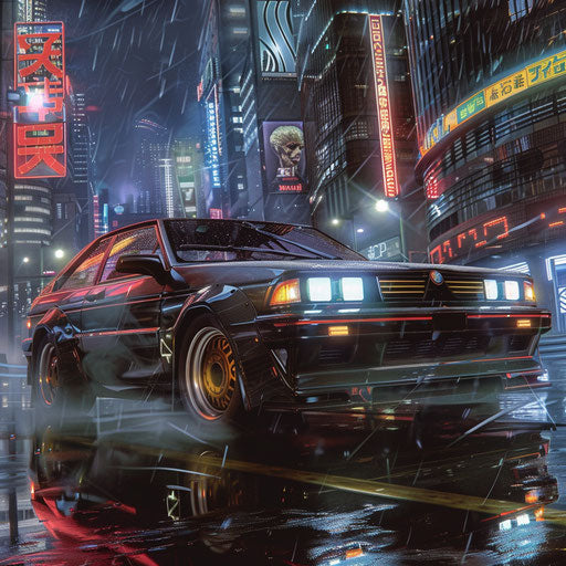 Cyberpunk Alfa Romeo Alfasud with holographic displays and LED underglow cruising through a futuristic city