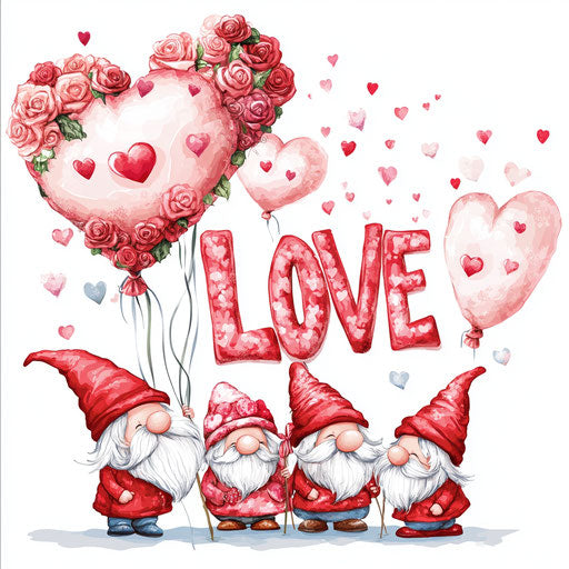 Valentine's Day, love in hearts and roses with cute gnomes and pink heart balloons on white background
