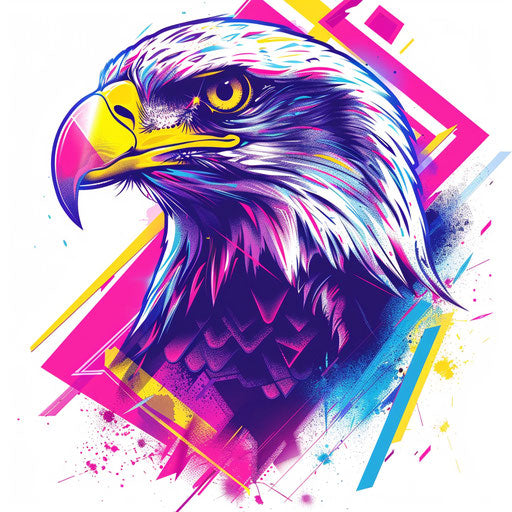 Retro 80's style eagle tattoo, neon colors and geometric shapes, white background