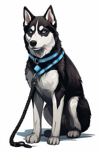 Husky dog with blue eyes on a leash, dark maroon and light blue style