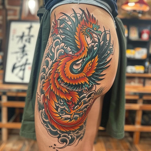 Traditional Japanese tattoo of a phoenix rising from flames