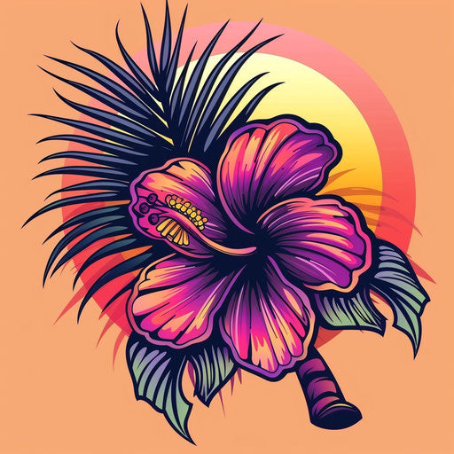 Dynamic flat tattoo sketch of a blooming Hawaiian flower with a gradient of sunset colors