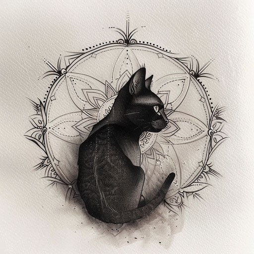 Black cat tattoo in mandala on white background