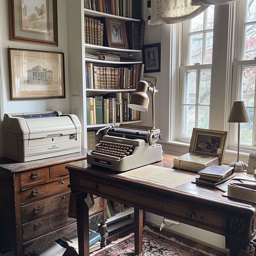 Vintage-themed home office with antique desk and book collection