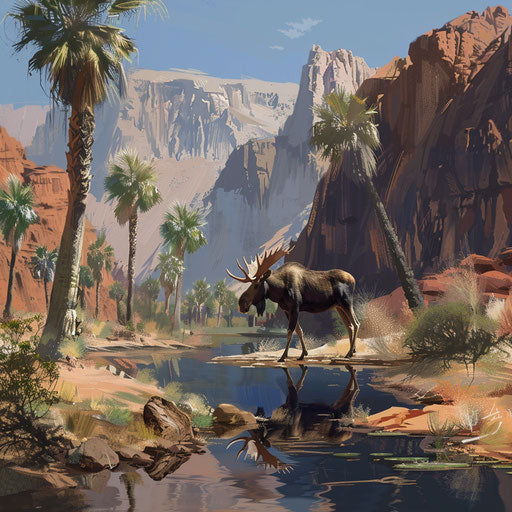 A moose trekking through a desert oasis, a rare sight.