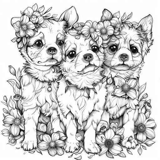 Regal puppies with floral garlands Megan Hess style