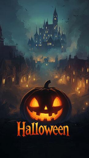 Spooky pumpkin in a foggy village at night