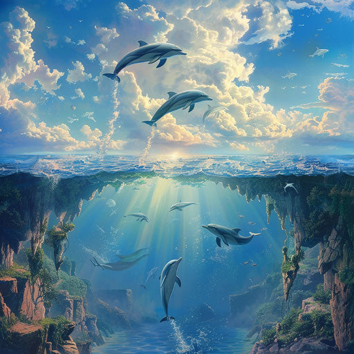 Surreal Landscape: Ocean and Sky Blend, Dolphins Crossing