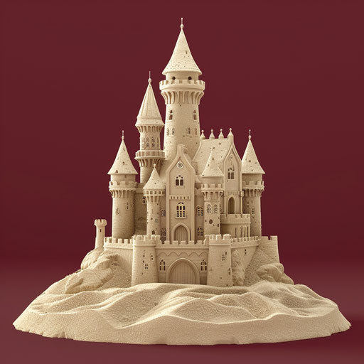 Realistic sandcastle on vibrant burgundy backdrop