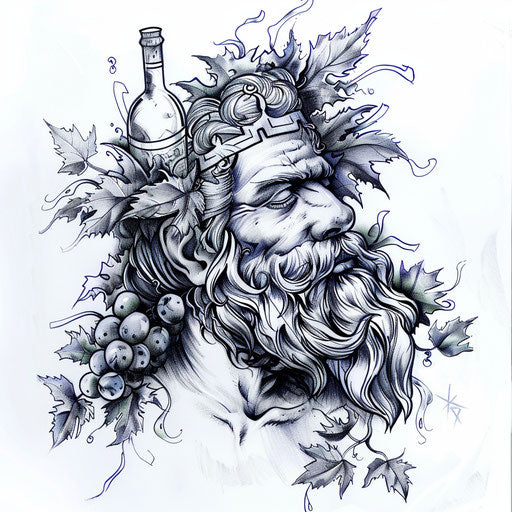 Dionysus, Greek god of revelry and wine, festive tattoo on white
