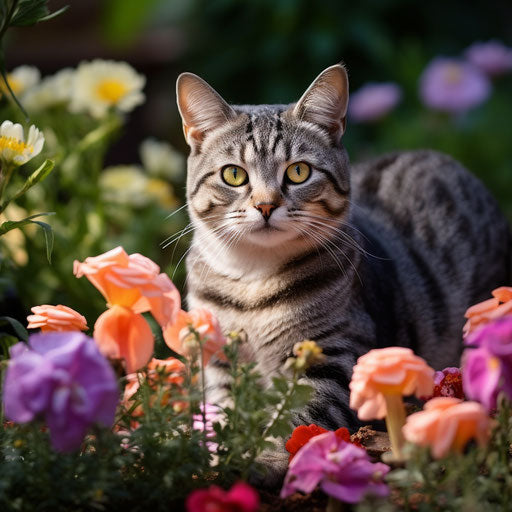 Cat sitting in a flower bed