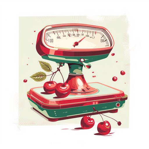Retro flat tattoo sketch of a 50s diner scale, in cherry reds and mint greens