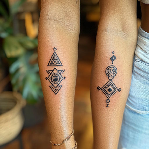 Small matching tattoos of tiny tribal symbols in the Glenn Fabry style