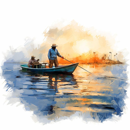 Fishing clipart in the style of Impressionistic Art, on white background