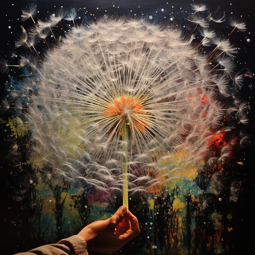 Dandelion drawings in fused glass art style, precise and dotted