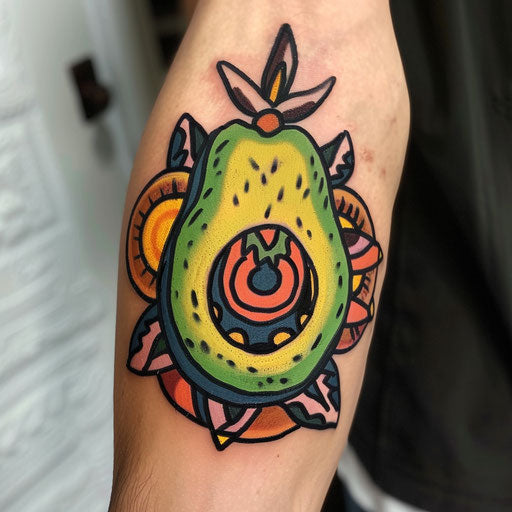 Bold flat tattoo sketch of an avocado with a neon tribal mask face