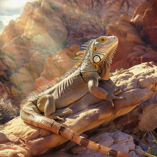 Iguana sunbathing on a sunlit rock in a desert landscape