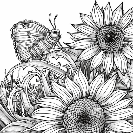 Caterpillar climbing on sunflower stalk