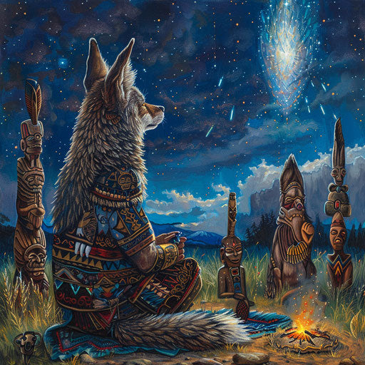 Coyote shaman in sacred ritual under a starry sky