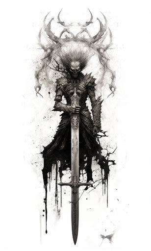Demon on a sword, black and white layered drawing
