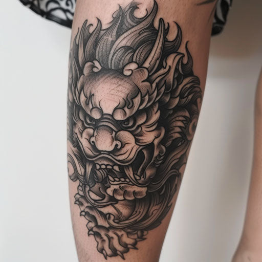 Black foo dog tattoo, strong contrasts, white canvas
