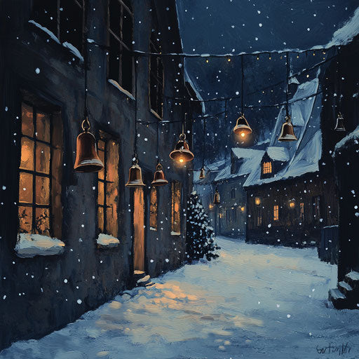 Snowy courtyard at night, Christmas bells chime at windows