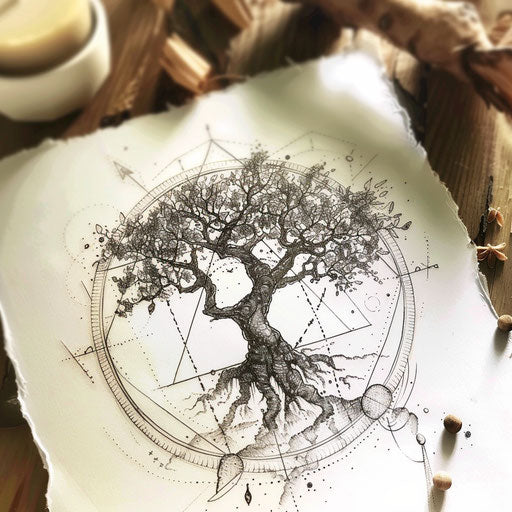 Geometric tree of life with circular motifs on white paper