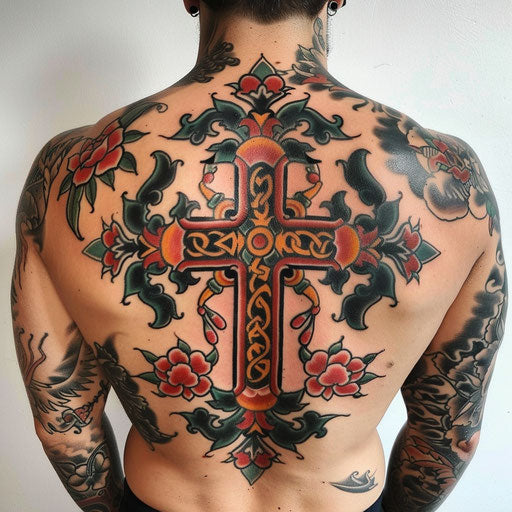 Vibrant traditional cross tattoo design for men