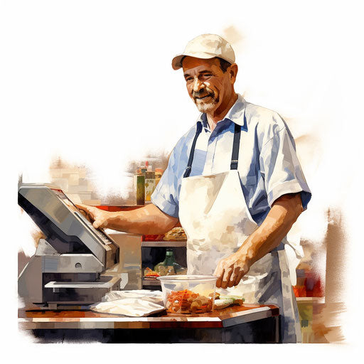 Cashier depicted in oil painting style on white background