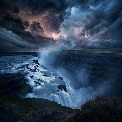 Gullfoss Falls, Iceland, dramatic thunderstorm with intense clouds