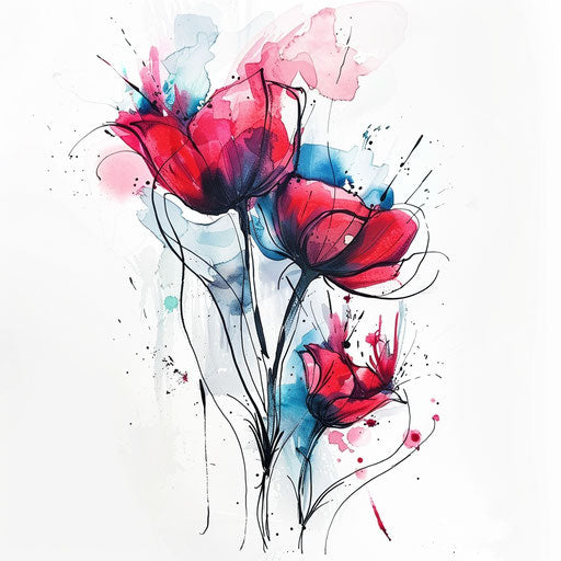 Contemporary poppy tattoo design with abstract elements and color splashes