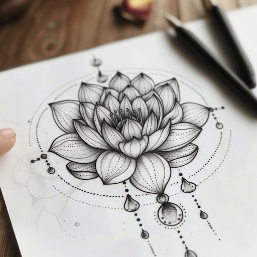 Water lily mandala tattoo design on white surface