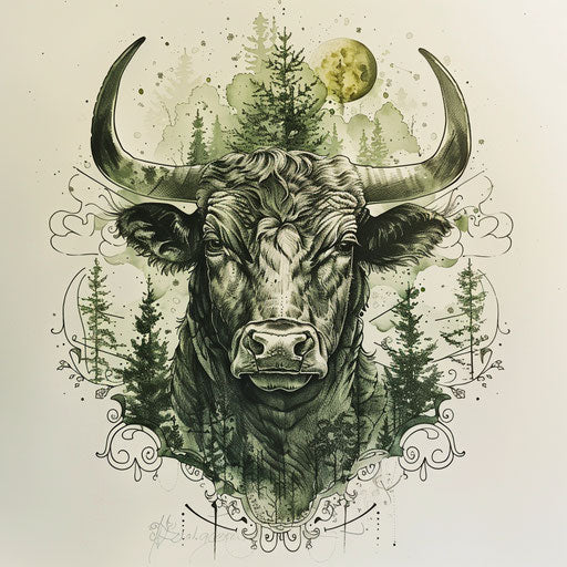 Flat tattoo sketch of Taurus sign in a forest setting