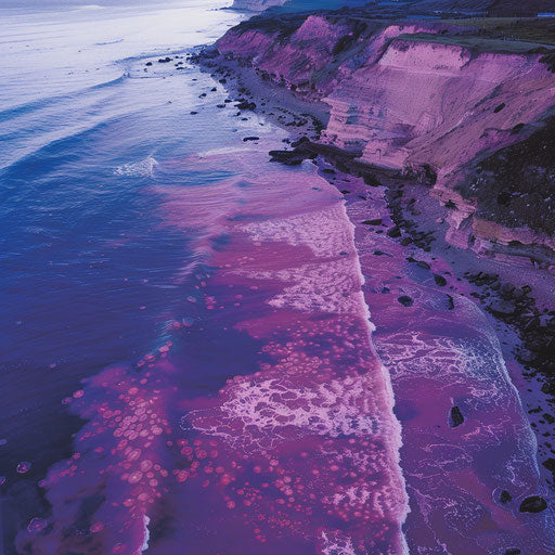 Aerial view of a coastal area where jellyfish bloom, turning the sea pink and purple, visible from the cliffs above.