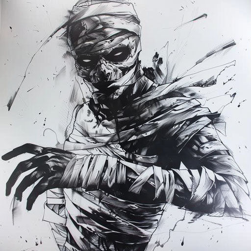 Terrifying mummy unwrapping bandages, horror tattoo on bright white canvas