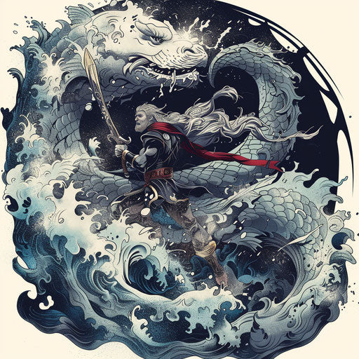 Adventurous tattoo sketch of Thor battling a sea serpent