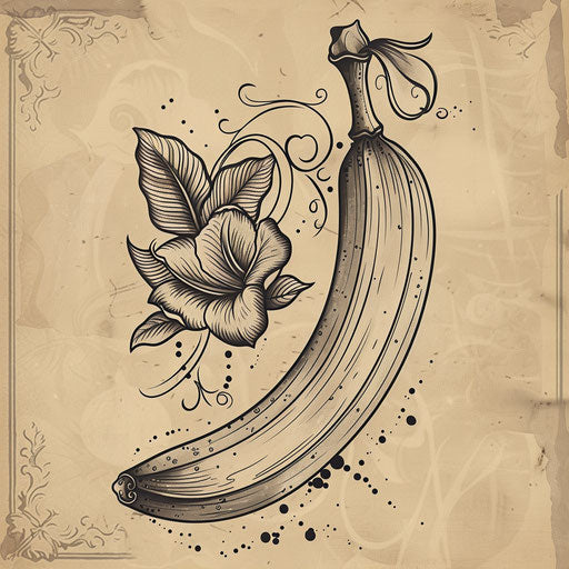 Vintage flat tattoo sketch of a banana with art nouveau style swirls and leaves