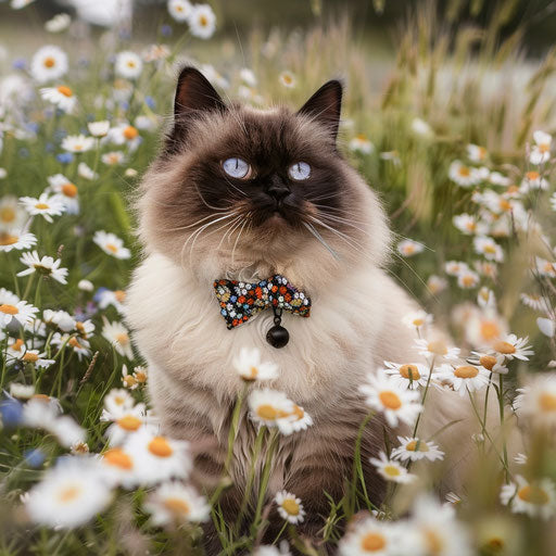 Himalayan cat with cute bow tie in a field of daisies