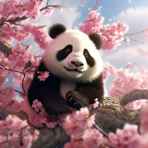 Panda bear sitting on a pink tree with pink blossoms