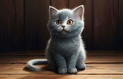 Cute gray kitten sitting on a wooden floor