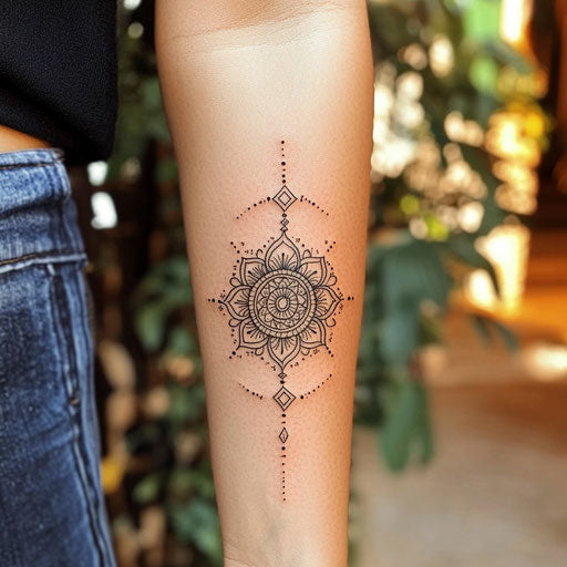 Minimalist tattoo design for forearm with black and gold mandala