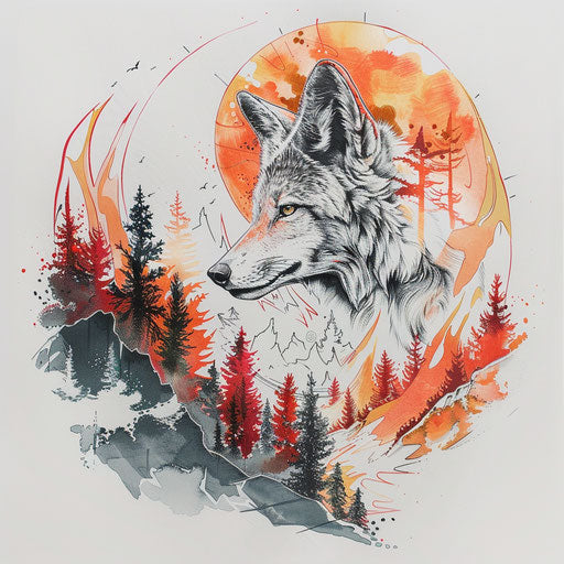 Adventure-themed flat tattoo sketch of a kitsune