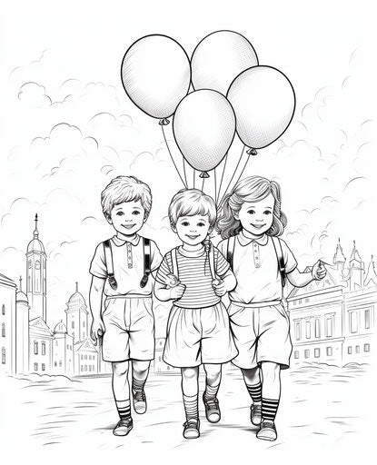 Children with balloons, vintage, graceful lines, nostalgia